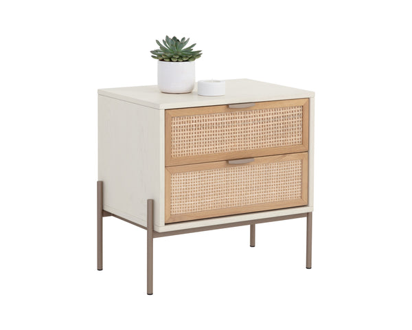 Sunpan Avida Artisan Nightstand with Handwoven Rattan Drawers and Solid Oak Frame for Global Style Champagne Gold & Cream/Natural