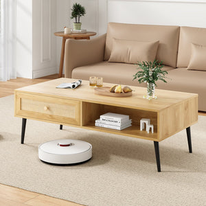 English Elm Mid-Century 47" Rectangular Coffee Table with Rattan Drawer, Open Shelf & Metal Legs for Living Room Natural T3623P380015