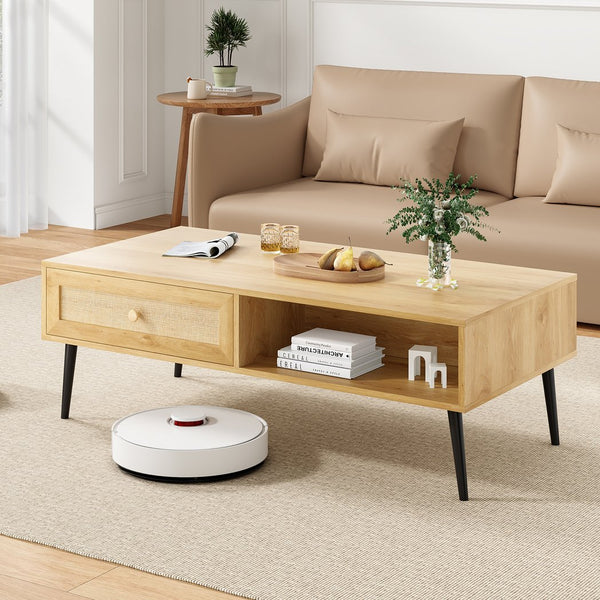 English Elm Mid-Century 47" Rectangular Coffee Table with Rattan Drawer, Open Shelf & Metal Legs for Living Room Natural T3623P380015