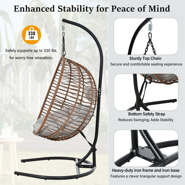 English Elm U_style Wicker Hanging Egg Chair with Stand Foldable Indoor Outdoor Swing Seat Brown+Gray N711P389503G