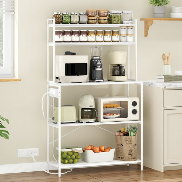 English Elm Large Five Tier Industrial Bakers Rack with Built in Outlets Microwave Stand Kitchen Organizer White T3623P431209