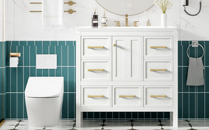 English Elm 36'' Bathroom Vanity with Resin Sink, Solid Wood Frame, 5 Drawers, Soft-Close Doors, Gold Knobs, Spacious Storage White SW000142AAK-1