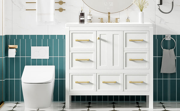 English Elm 36'' Bathroom Vanity with Resin Sink, Solid Wood Frame, 5 Drawers, Soft-Close Doors, Gold Knobs, Spacious Storage White SW000142AAK-1