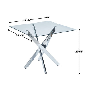 English Elm Dining Table Square Tempered Glass Top Cross Metal Base Modern Space Saving Design W234P235266
