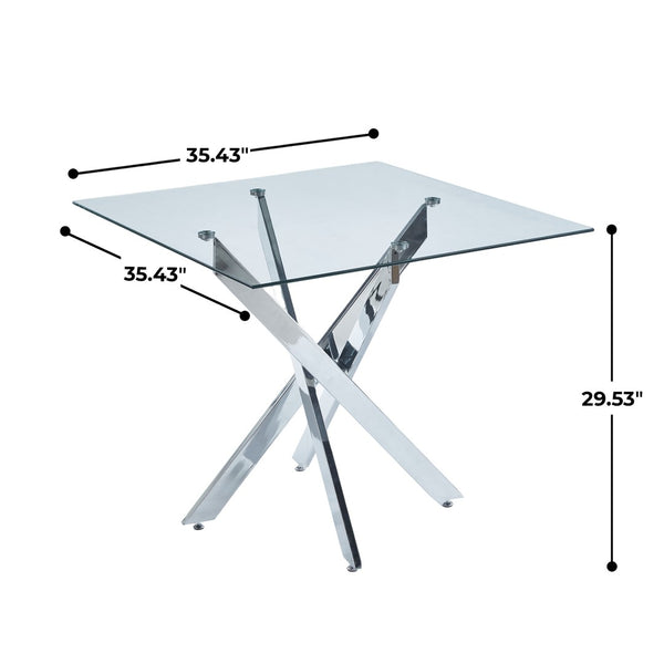English Elm Dining Table Square Tempered Glass Top Cross Metal Base Modern Space Saving Design W234P235266