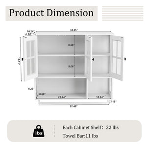 English Elm Bathroom Wall Cabinet with 3 Doors and Glass Panel, MDF Storage Cabinet with Towel Bar, Modern 35.6"L x 10.2"W x 32.5"H White W757P329727