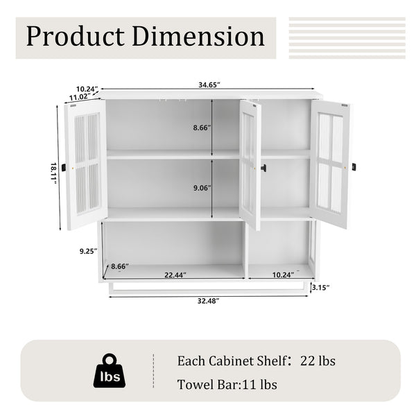 English Elm Bathroom Wall Cabinet with 3 Doors and Glass Panel, MDF Storage Cabinet with Towel Bar, Modern 35.6"L x 10.2"W x 32.5"H White W757P329727