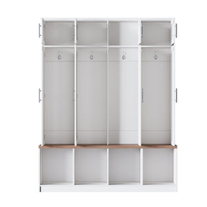 English Elm [Assembly Farmhouse Hall Tree with Walnut Bench & 8 Cabinets, 4 Hooks, Shoe Storage and Anti-Tip Design White N721P286082K