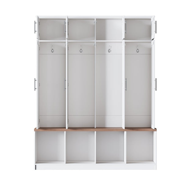English Elm Farmhouse Hall Tree with Triple Arch Back Panel Eight Hooks Drawers and Entryway Bench White N721S000059K-1