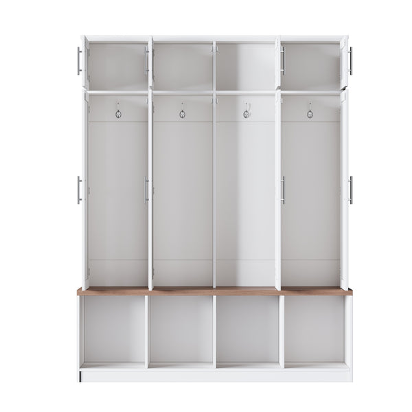 English Elm [Assembly Video] Farmhouse Hall Tree with Walnut Bench, 8-Door Shoe Cabinet, 4 Hooks & Open Storage Organizing Entryway White N721S000059K