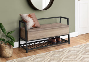 English Elm Bench, 42" Flip-Top Storage & Shoe Rack, Dark Taupe Wood-Look Laminate, Black Metal Frame, Modern Entryway B2710P219497