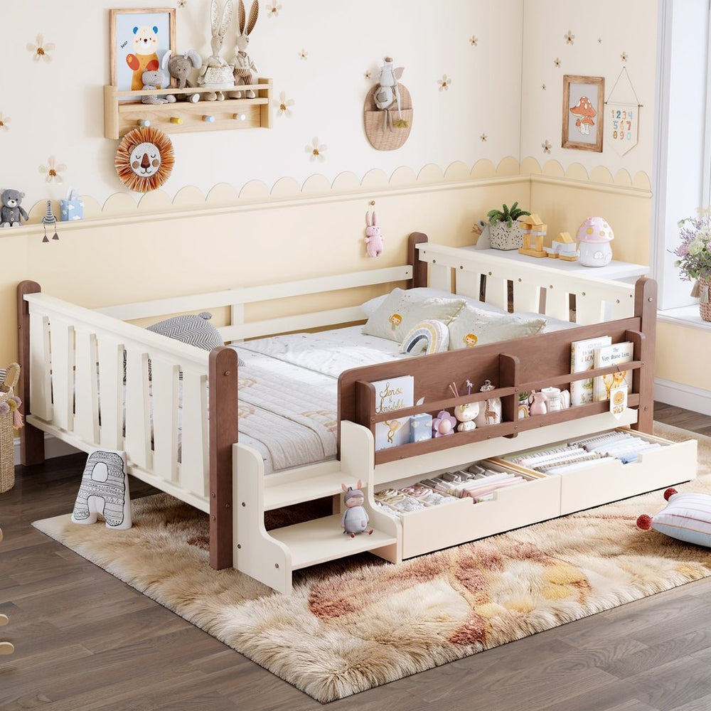 English Elm Twin Kids Platform Bed with Trundle Staircase Bookshelf and Rounded Safety Rails Beige W1580S00539