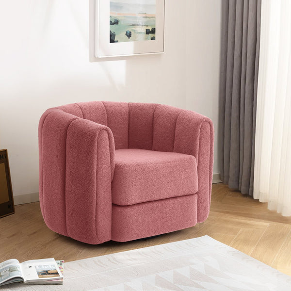 English Elm Swivel Teddy Fabric Barrel Chair with 360° Rotation, Solid Wood Base, Plush High-Density Comfort Pink Teddy W2606P221625