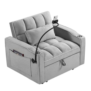 English Elm Convertible Sleeper Chair with USB & Cup Holders, Velvet Folding Pull-Out Sofa Bed for Small Spaces Grey W2353P186313