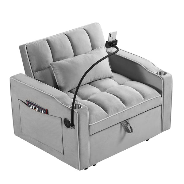 English Elm Convertible Sleeper Chair with USB & Cup Holders, Velvet Folding Pull-Out Sofa Bed for Small Spaces Grey W2353P186313