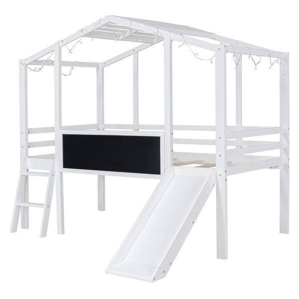 English Elm Twin House Loft Bed with Slide Chalkboard Panel and Led Roofline for Kids White WF324323AAK
