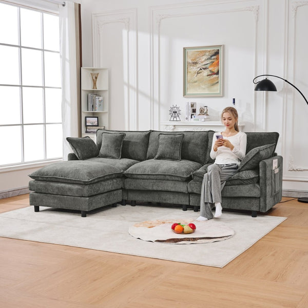 English Elm 101.9-inch Chenille Modular Sofa with Movable Footstool for Living Room Comfort W288S00033