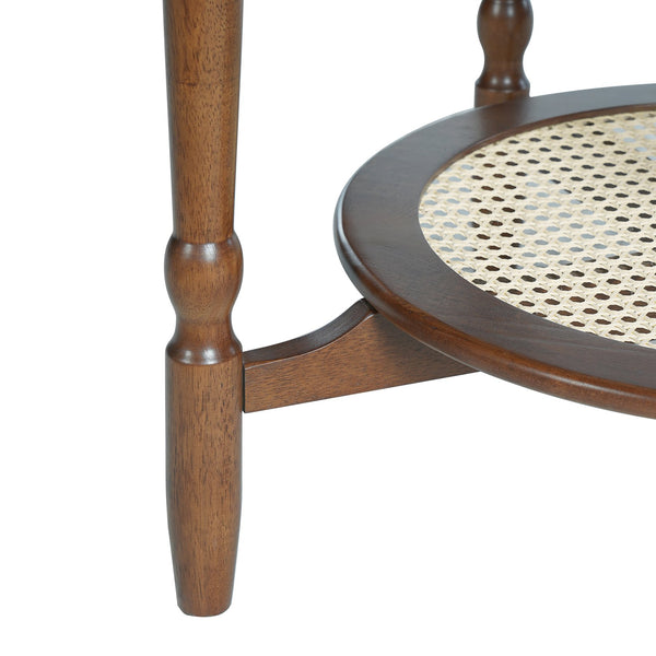 English Elm Mid-Century Petal Coffee Table with Walnut & Rattan, 2-Tier Glass Top, Vintage Small-Space Charm N735P291422D