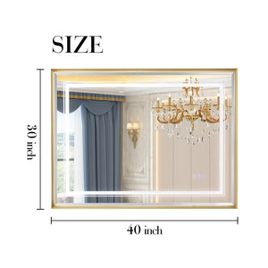 English Elm 40*30inch LED Bathroom Mirror with Beveled Edge, Front & Backlit 3-Color Dimmable IP54 Anti-Fog Gold W2091P214095