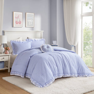 English Elm 4-piece Gingham Ruffle Comforter Set Romantic Cottage Bedroom Brushed Polyester Fill Blue B035P463186