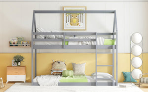 English Elm Twin Rubber Wood Floor Bunk Bed House-Shaped Design with Ladder Guardrails Sturdy Low-Profile Retreat Grey W504P206863