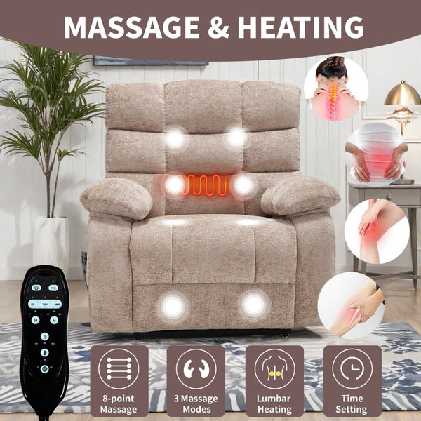 English Elm Lift Power Recliner Chenille Chair Dual Motor Massage Heat 350 Lb Capacity Living Room Beige W3224P288641