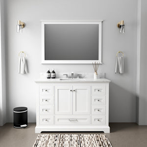 English Elm White Single Bath Vanity 48 in. W x 22 in. D with Carrara Marble Top, Solid Wood, Soft-Close Drawers B2731P258204