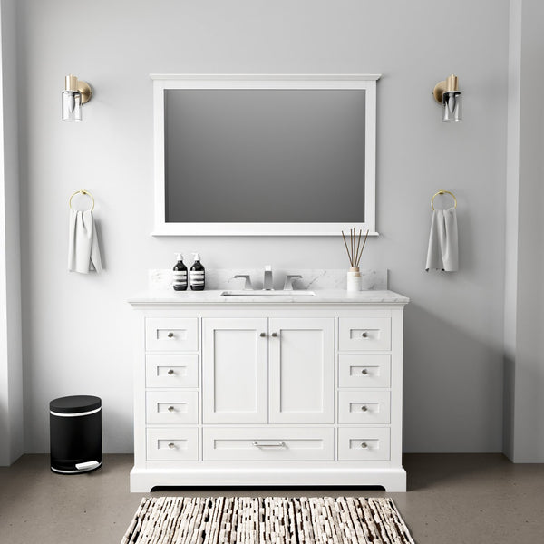 English Elm White Single Bath Vanity 48 in. W x 22 in. D with Carrara Marble Top, Solid Wood, Soft-Close Drawers B2731P258204