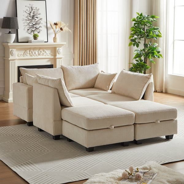 English Elm 113.5'' Modular Sectional Sofa with Storage Ottoman, Convertible U or L Shape Sleeper for 6 Seats Beige W834S00253