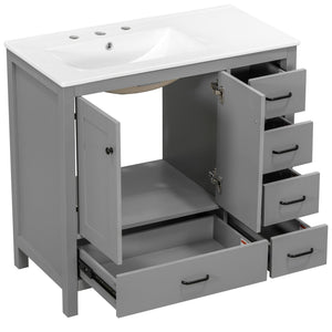 English Elm 36" Gray Bathroom Vanity with Ceramic Sink, 5 Drawers & Soft-Close Doors, Solid Wood Modern Storage N729P183735E