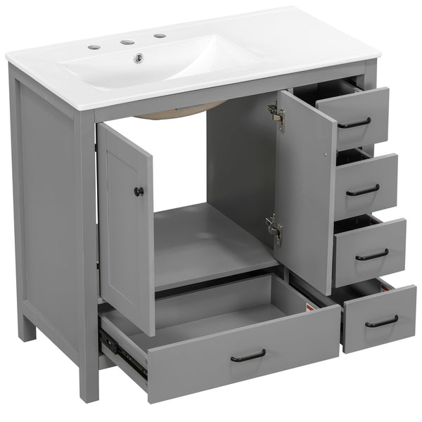 English Elm 36" Gray Bathroom Vanity with Ceramic Sink, 5 Drawers & Soft-Close Doors, Solid Wood Modern Storage N729P183735E