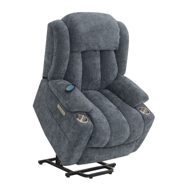 English Elm Omarion Blue Chenille Power Recliner with Lift, Heated Massage, USB, Cup Holders & Space-Saving Design B2726P245482
