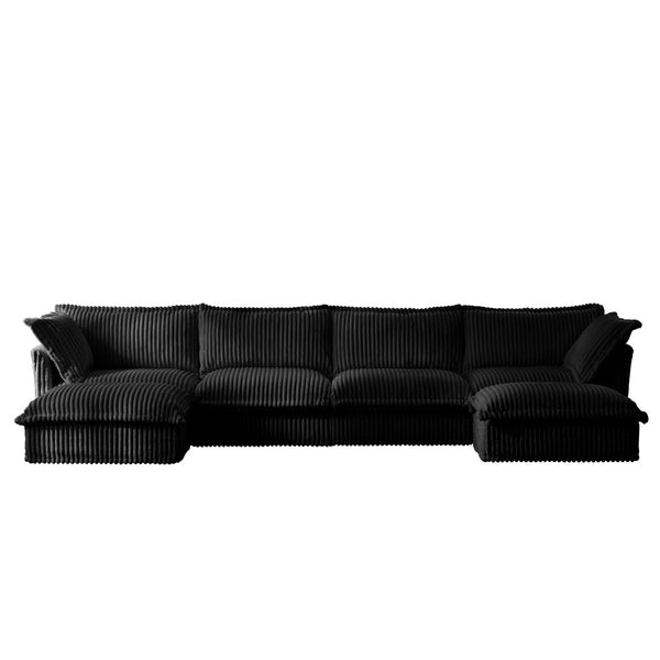 English Elm Slipcovered U-Shape Sectional Sofa Couch - Deep Comfy Seats, French Edges, 4-Seater In Soft Black Corduroy W3041S00101-GIGA