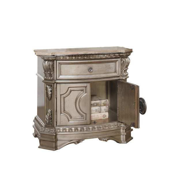 English Elm 1 Drawer And 2 Doors Nightstand With Marble Top - Vintage Antique Silver, Elegant Storage Solution B016P253506