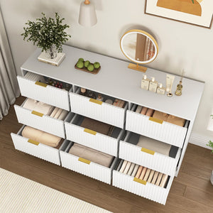 English Elm Black Nine Drawer Wide Dresser Matte Wood Chest with Wavy Relief Panels Bedroom Storage White W409P307539