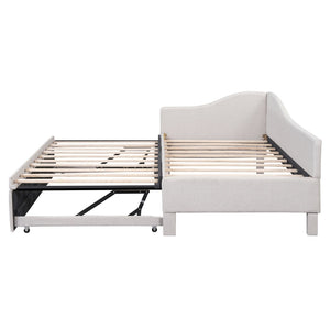 English Elm Twin L-shaped Linen Upholstered Daybed with Hydraulic Pop-up Trundle for Guest Rooms Beige SF000193AAA-1