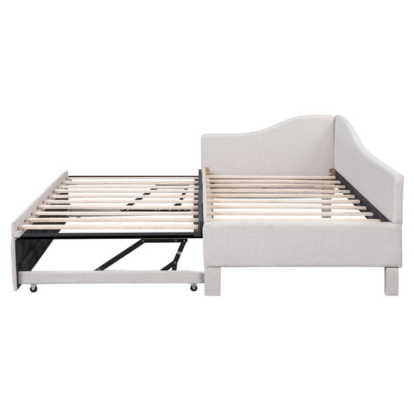 English Elm Twin L-shaped Linen Upholstered Daybed with Hydraulic Pop-up Trundle for Guest Rooms Beige SF000193AAA-1