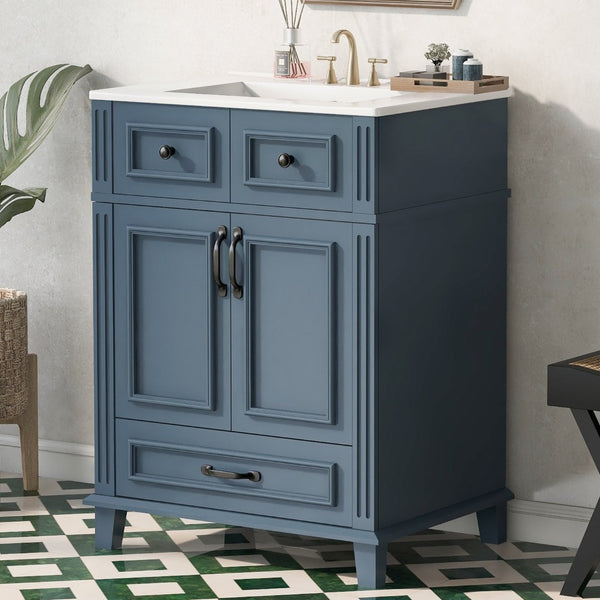 English Elm 24'' Retro Bathroom Vanity Solid Rubberwood Frame Ceramic Sink Soft Close Storage Blue N710P405405C