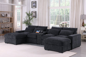 English Elm Modern Flannel Velvet Modular Sectional with Reclining Seats Usb Console Ottomans Dark Gray B2730S00044