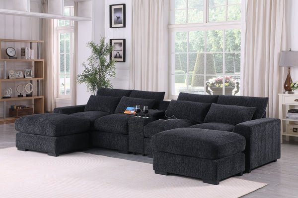 English Elm Modern Flannel Velvet Modular Sectional with Reclining Seats Usb Console Ottomans Dark Gray B2730S00044