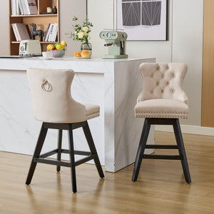 English Elm Swivel Velvet Barstools with Tufted Button Back, 360° Rotate, Plush Foam & Rubberwood Frame Beige W1143P241329