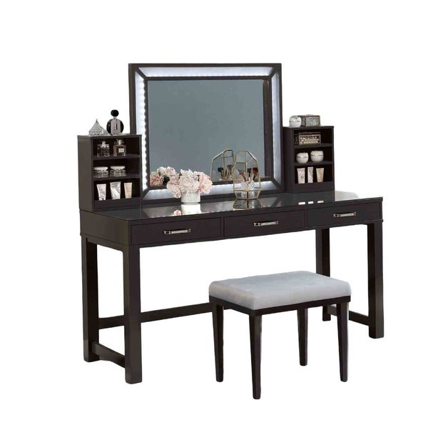 English Elm Glam Elegant Vanity Set with LED Mirror, Plush Stool, Ample Storage, Felt-Lined Drawers, Chic Finish Grey Mix 35 L x 25 W x 15 H B2741S00681