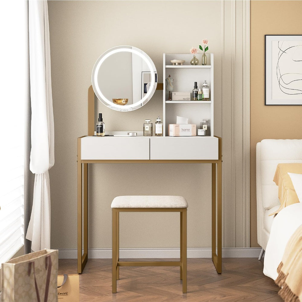 English Elm Small Bedroom Vanity Desk with Led Mirror Cushioned Stool Power Outlet and Storage White+Gold W3587P462322