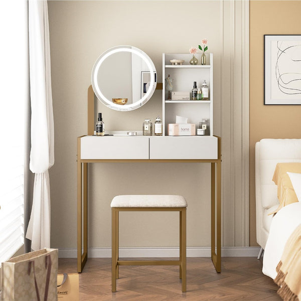 English Elm Small Bedroom Vanity Desk with Led Mirror Cushioned Stool Power Outlet and Storage White+Gold W3587P462322