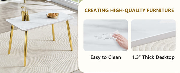 English Elm Table and Chair Set Marble Glass Top Gold Legs Pu Leather Seats Modern Dining White+Gold W1151S04635