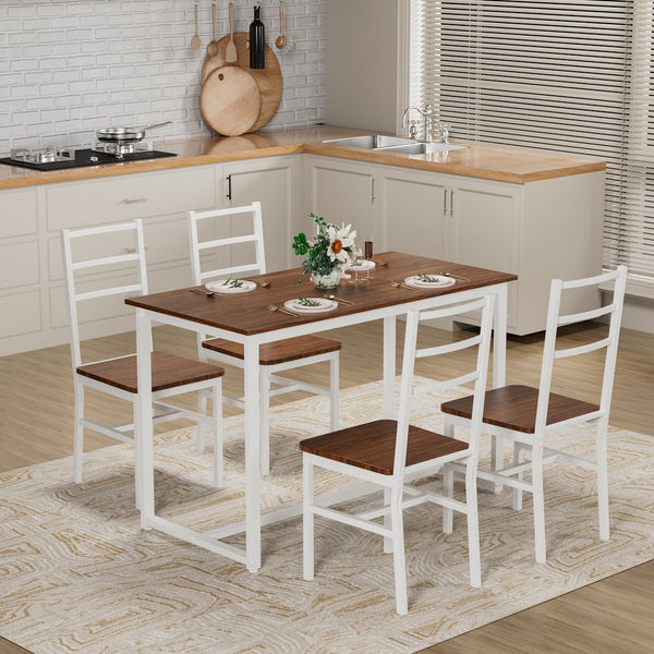 English Elm Dining 5-Piece Farmhouse Dinette Set with Sleek Metal Frame, Compact Mid-Century Table and 4 Chairs for Kitchen Brown+White W578P304062