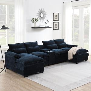 English Elm 123*55"Modern U-shaped Sectional Sofa with Console, Cup Holders, USB Ports, Chenille Comfort & Support Dark Blue N723S8804C
