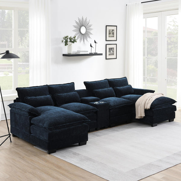 English Elm 123*55"Modern U-shaped Sectional Sofa with Console, Cup Holders, USB Ports, Chenille Comfort & Support Dark Blue N723S8804C