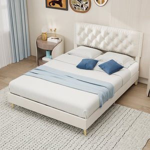 English Elm Suede Tufted Platform Bed Full Size Upholstered Headboard for Restful Bedroom Retreat Beige W1935P361000