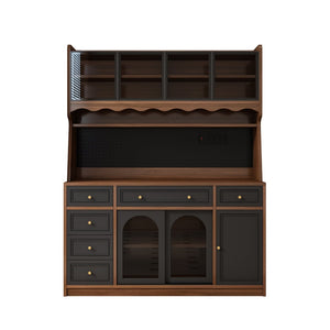 English Elm Freestanding Buffet Hutch with Glass Doors Six Drawers and Built in Power Outlet W5389S00002